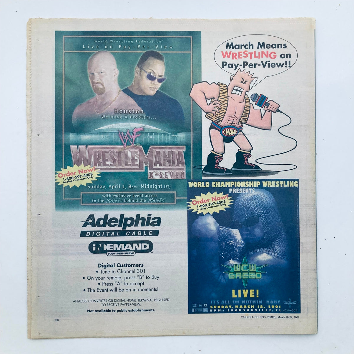 Promotional page in TV Week Magazine from March 18, 2001, advertising WWF WrestleMania Seven along with other wrestling events, emphasizing pop culture and sports entertainment of early 2000s television.