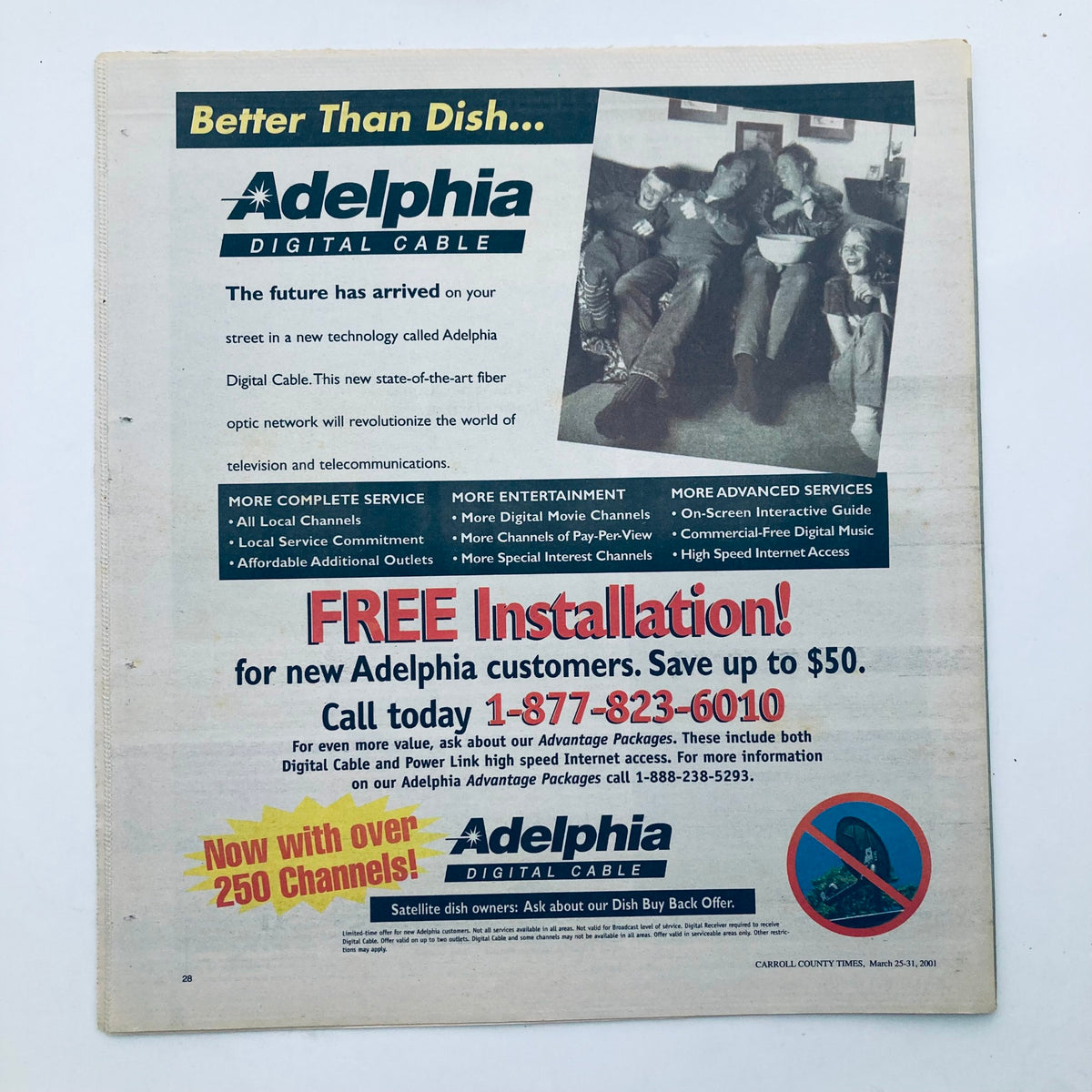 Advertisement for Adelphia Digital Cable in TV Week Magazine March 25 2001, promoting installation and channel options.