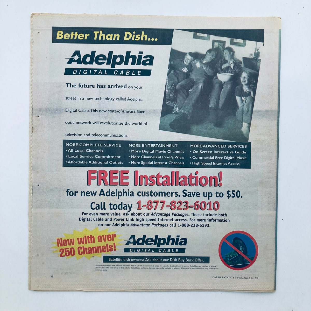 Promotional advertisement for Adelphia Digital Cable featured in TV Week Magazine from April 8, 2001, highlighting free installation and various channel packages.
