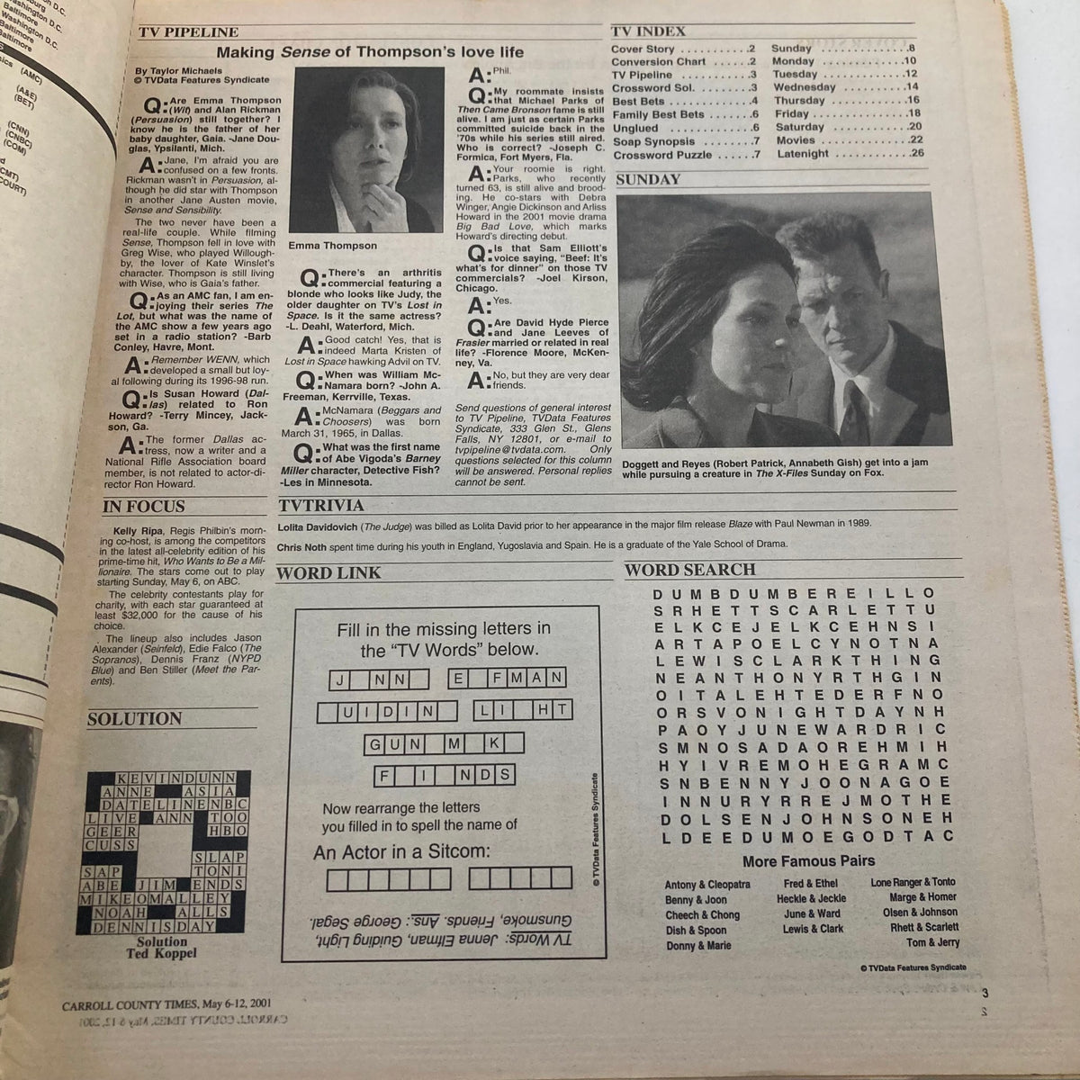Inside page of TV Week Magazine from May 6, 2001, including program listings and a word search puzzle, highlighting television content of the era.