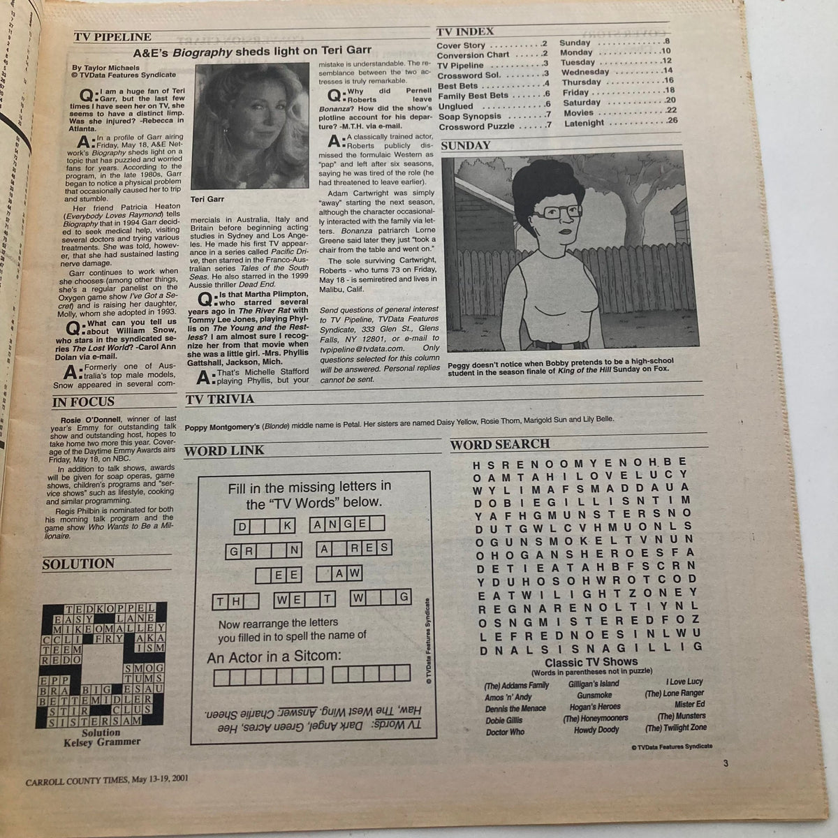 Interior page of TV Week Magazine May 13, 2001, featuring TV trivia and an article about Teri Garr. The layout includes a word search and segments dedicated to TV Pipeline and In Focus.