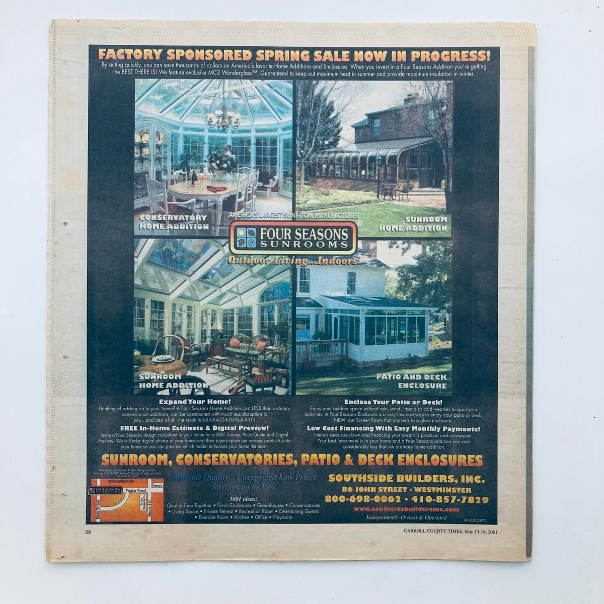 Back page of TV Week Magazine May 13, 2001, advertising a factory-sponsored spring sale for sunrooms and conservatories. The ad promotes various outdoor living designs.