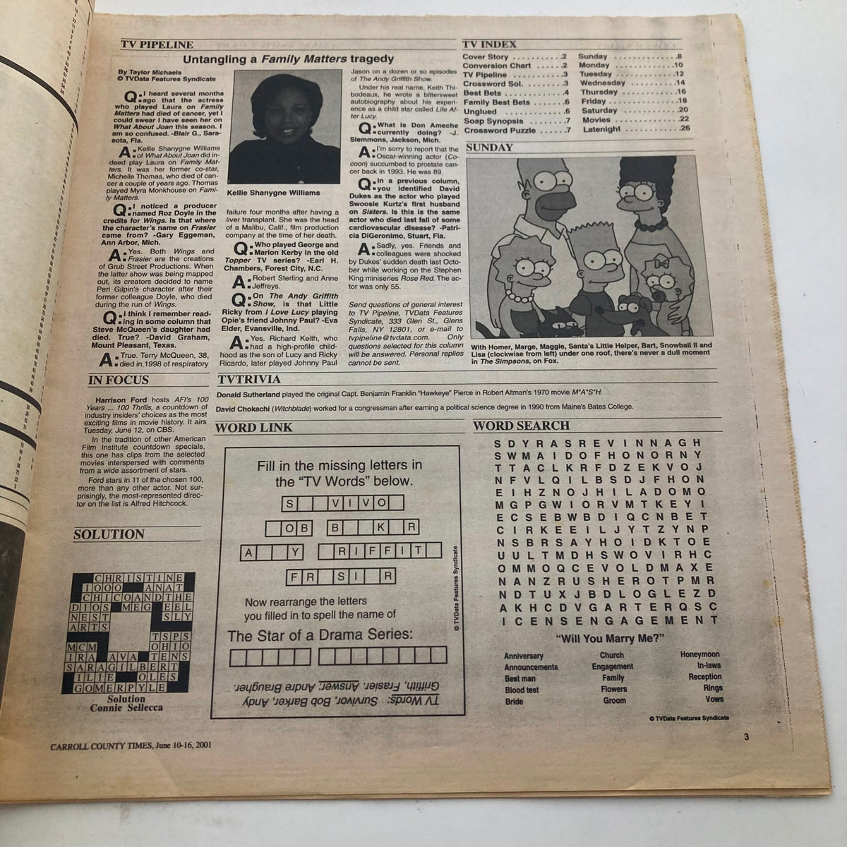 Inside page of TV Week Magazine June 10 2001, featuring television listings and entertainment trivia, reflecting the TV culture of the early 2000s.