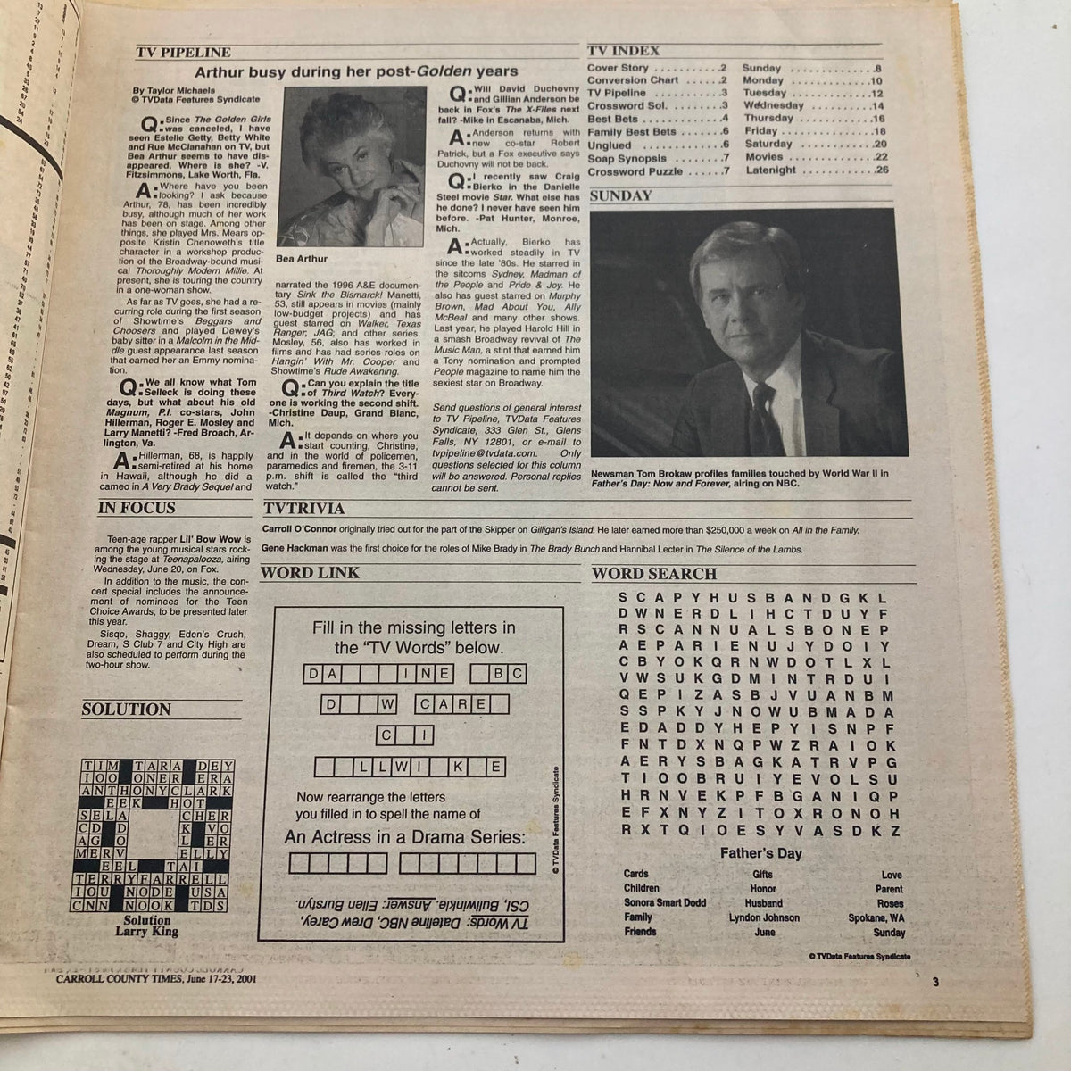 Interior page of TV Week Magazine June 17, 2001, displaying TV Pipeline with features on post-Golden years and trivia sections.