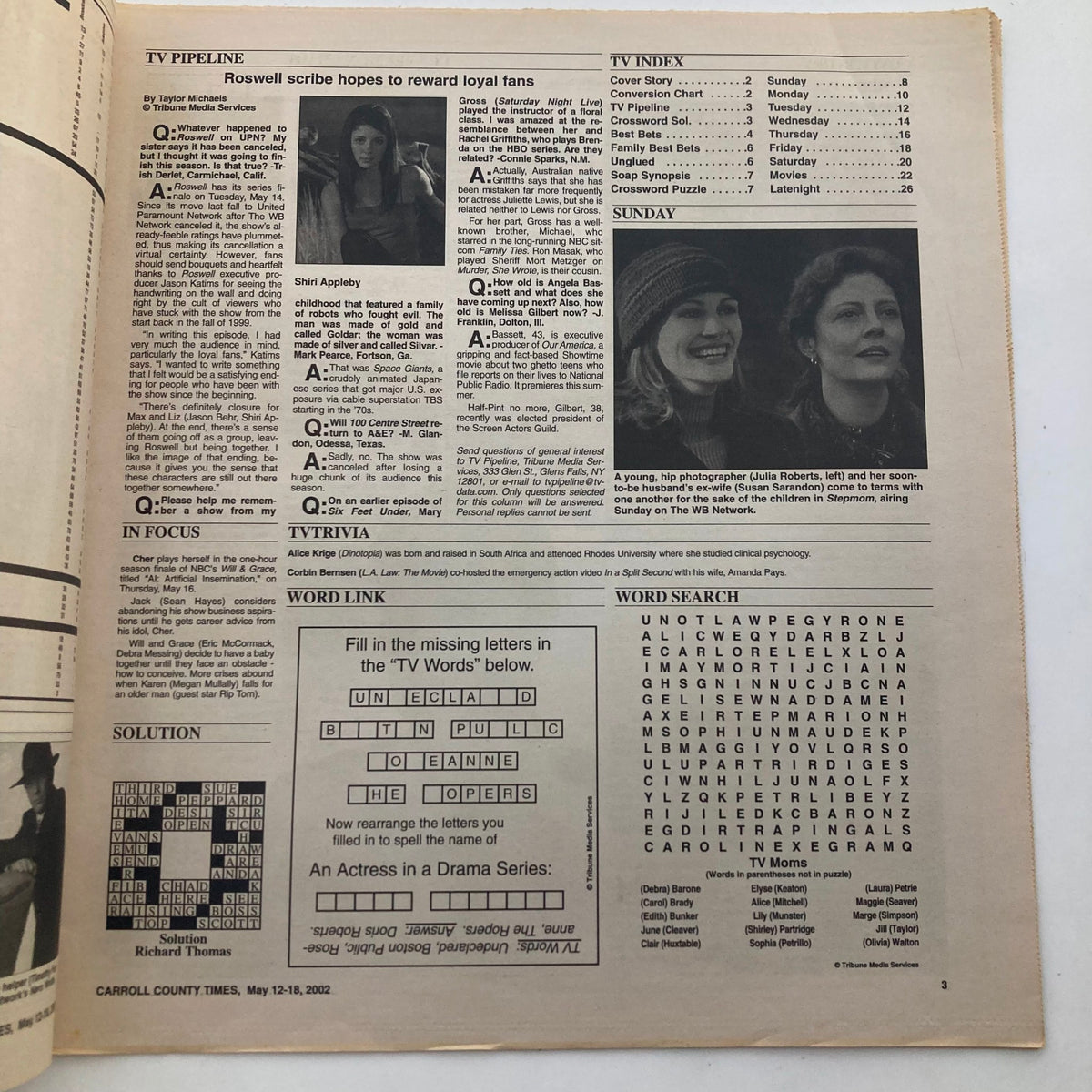 Interior page of TV Week Magazine May 12 2002, displaying articles including a TV pipeline section, word searches, and listings for the week's programs. Nostalgic content for television fans.