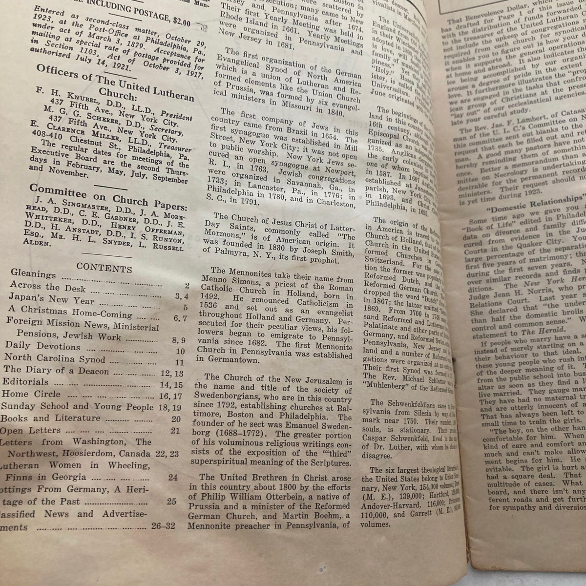 Page from VTG The Lutheran Magazine December 27 1923, containing articles and contents list relevant to the Lutheran Church community.