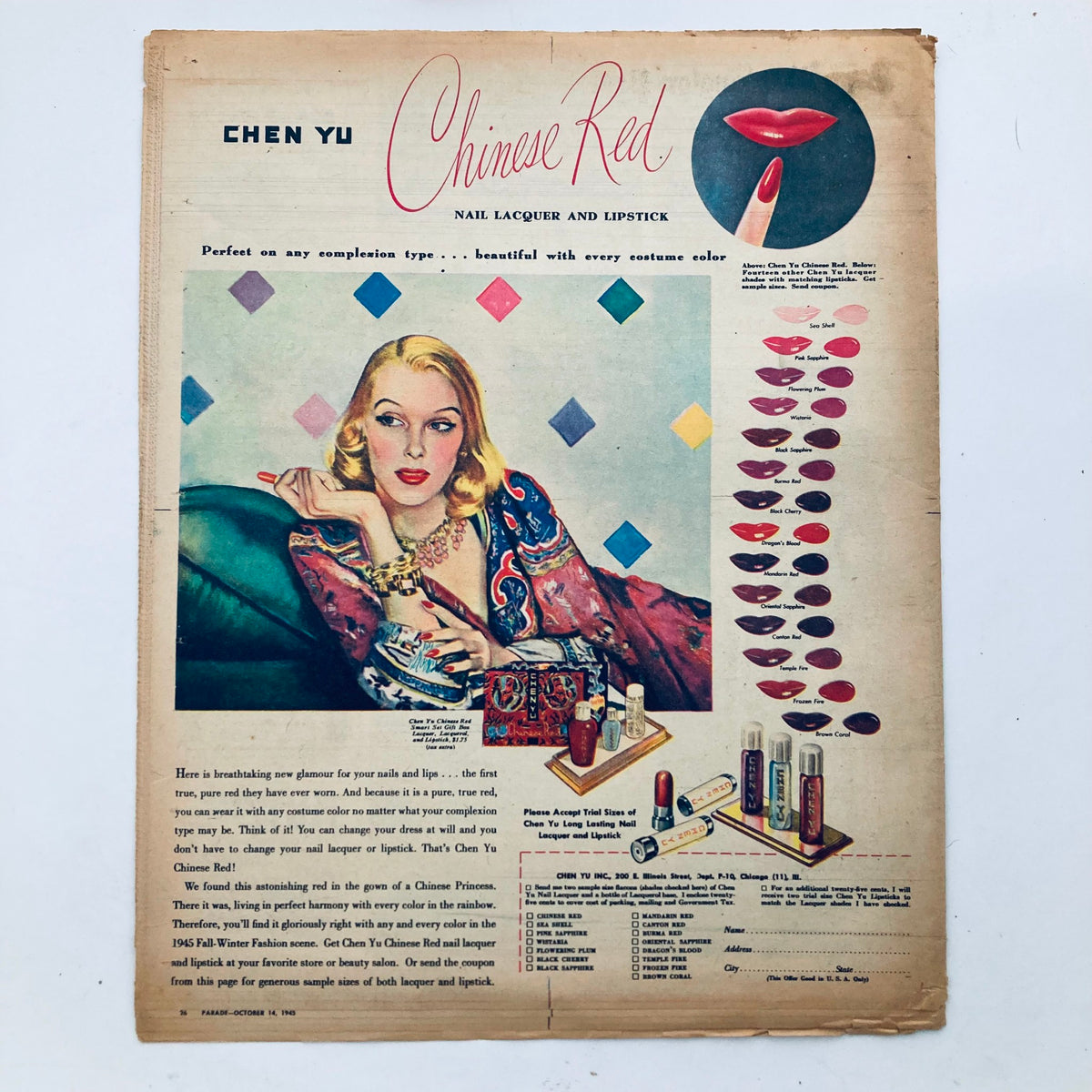Advertisement page from Parade Newspaper Magazine WA Post October 14, 1945, promoting Chen Yu Chinese Red nail lacquer and lipstick, featuring a glamorous woman.