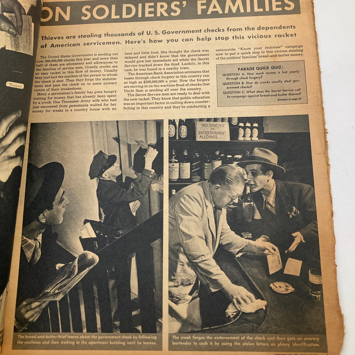 Interior page of Parade Newspaper Magazine WA Post April 30 1944 discussing theft of U.S. Government checks from soldiers' families, accompanied by relevant visuals.