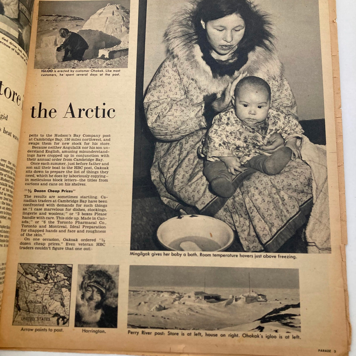 Illustration from the Parade Newspaper Magazine WA Post January 8 1950 featuring a woman named Mingilak giving her baby a bath, showcasing life in the Arctic and the cultural context of the era.