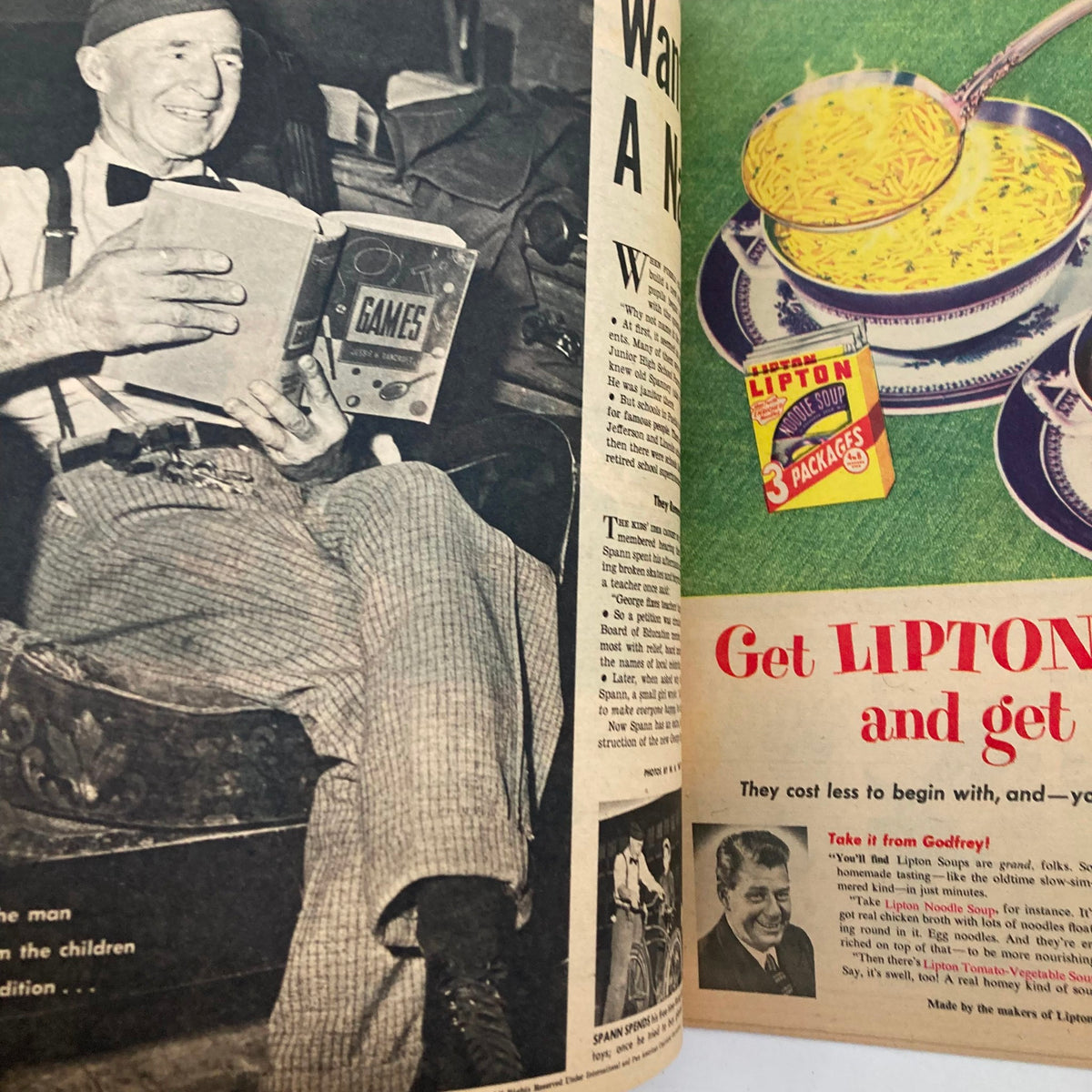 Interior page from the Parade Newspaper Magazine dated January 6, 1952, showing an elderly man reading a book titled 'Games' alongside an advertisement for Lipton Soup.