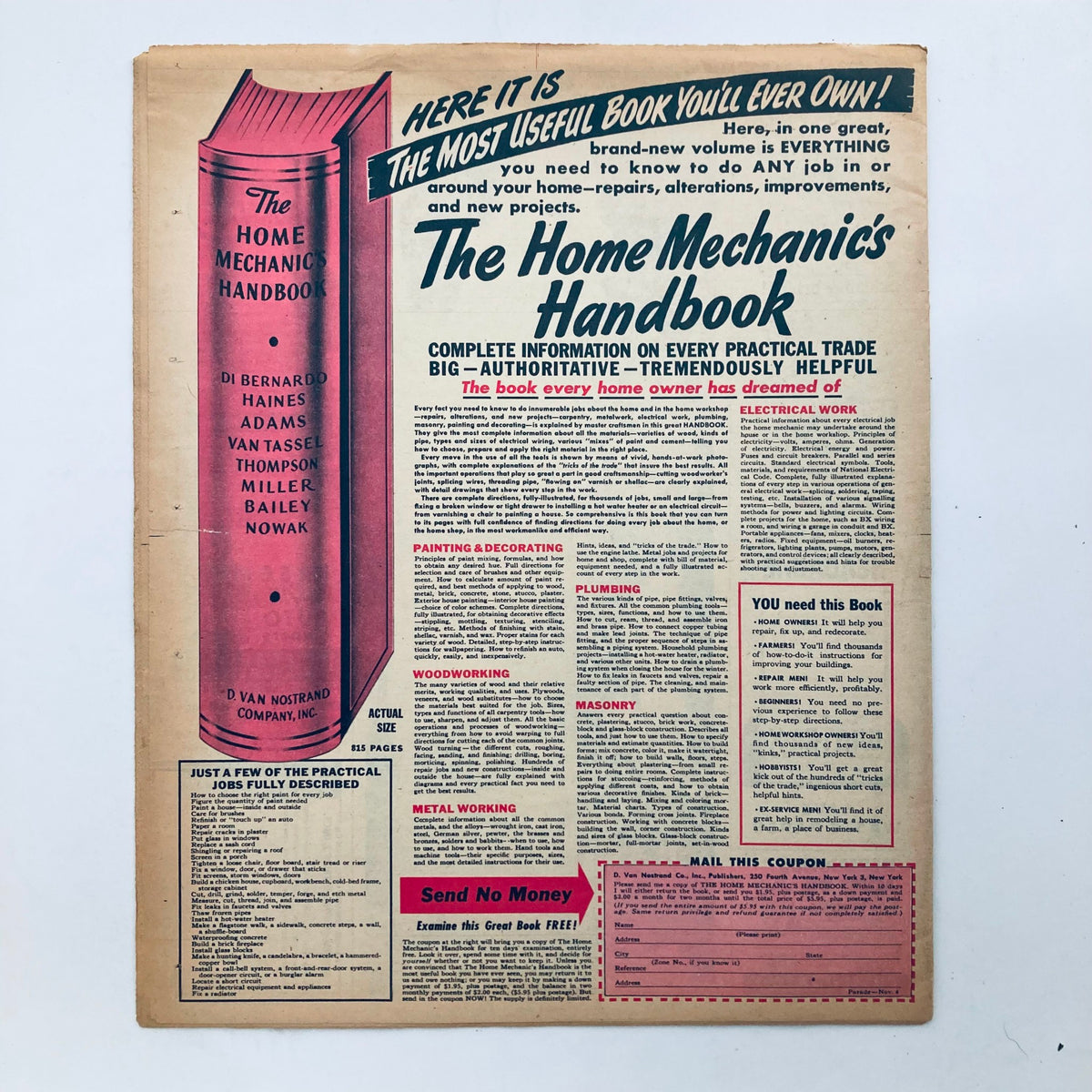 Advertisement page from Parade Newspaper Magazine WA Post November 4, 1945 presenting 'The Home Mechanics Handbook', offering practical information and tips for homeowners on various trades.