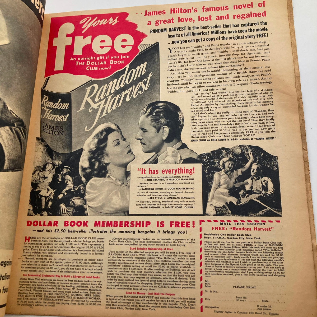 Interior page of the Parade Newspaper Magazine dated November 28, 1943, promoting James Hilton's 'Random Harvest' and the Dollar Book Club membership offer.