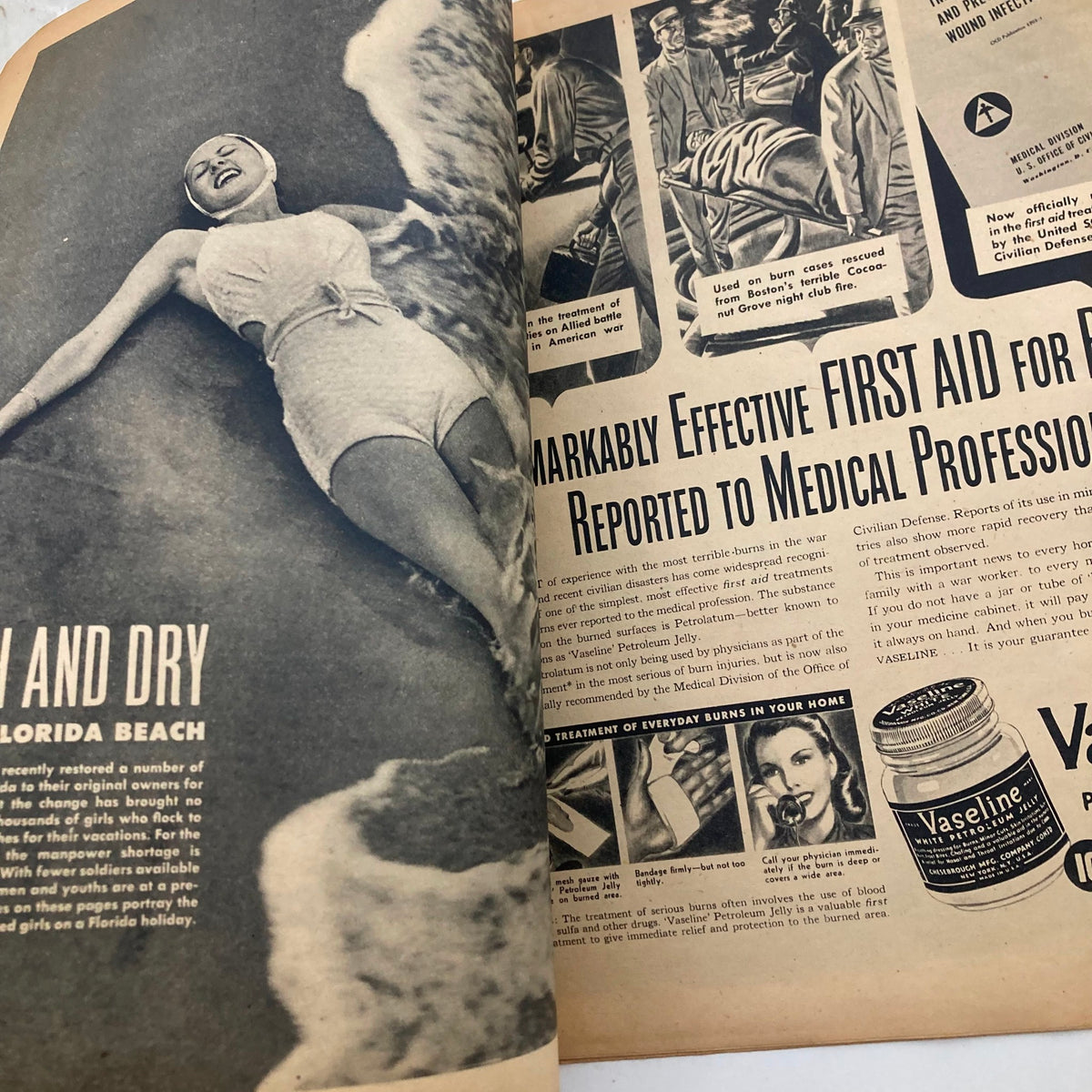 Interior page of Parade Newspaper Magazine showing a woman in a swimsuit on the beach with an advertisement for Vaseline, from the November 21, 1943 edition.