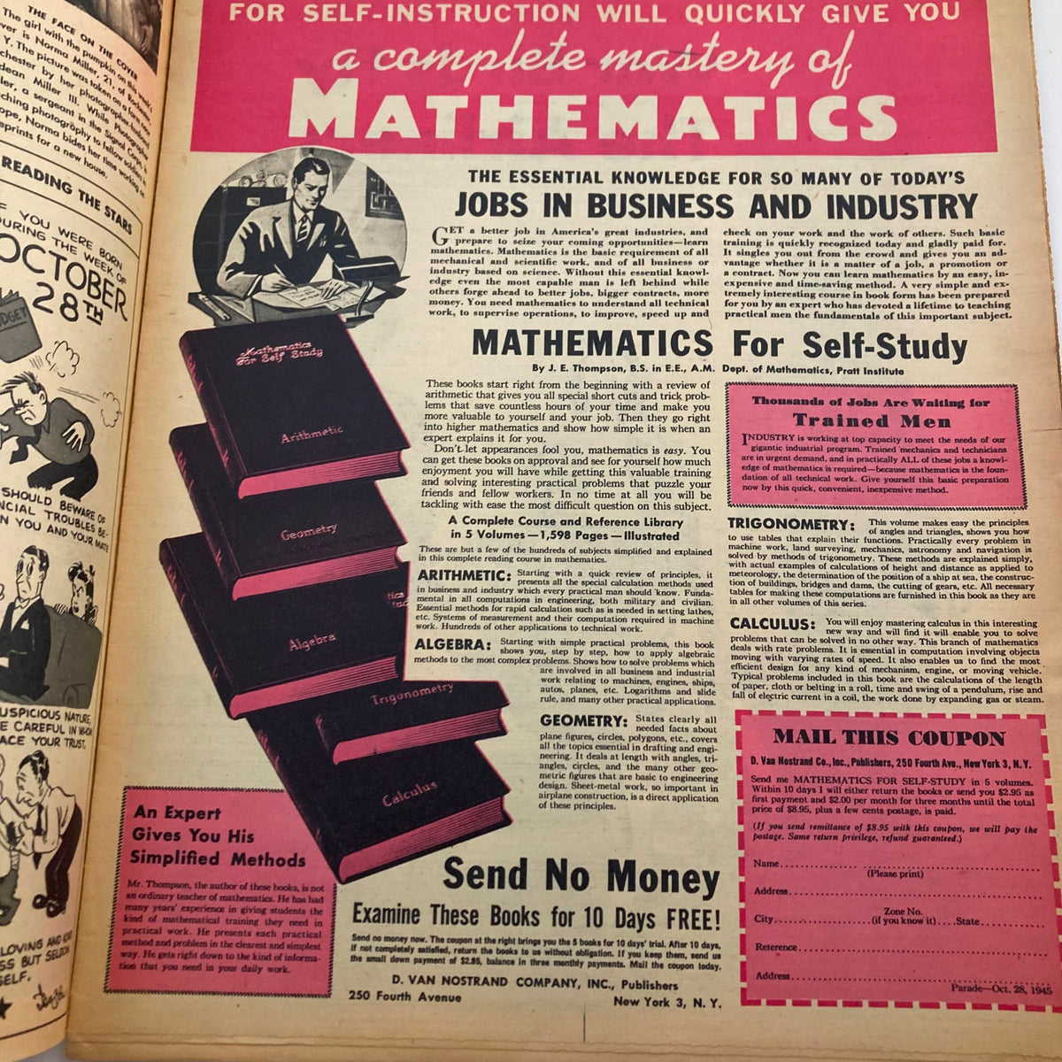 Inside page of the Parade Newspaper Magazine, showcasing a vintage advertisement for self-study mathematics books, dated October 28, 1945.