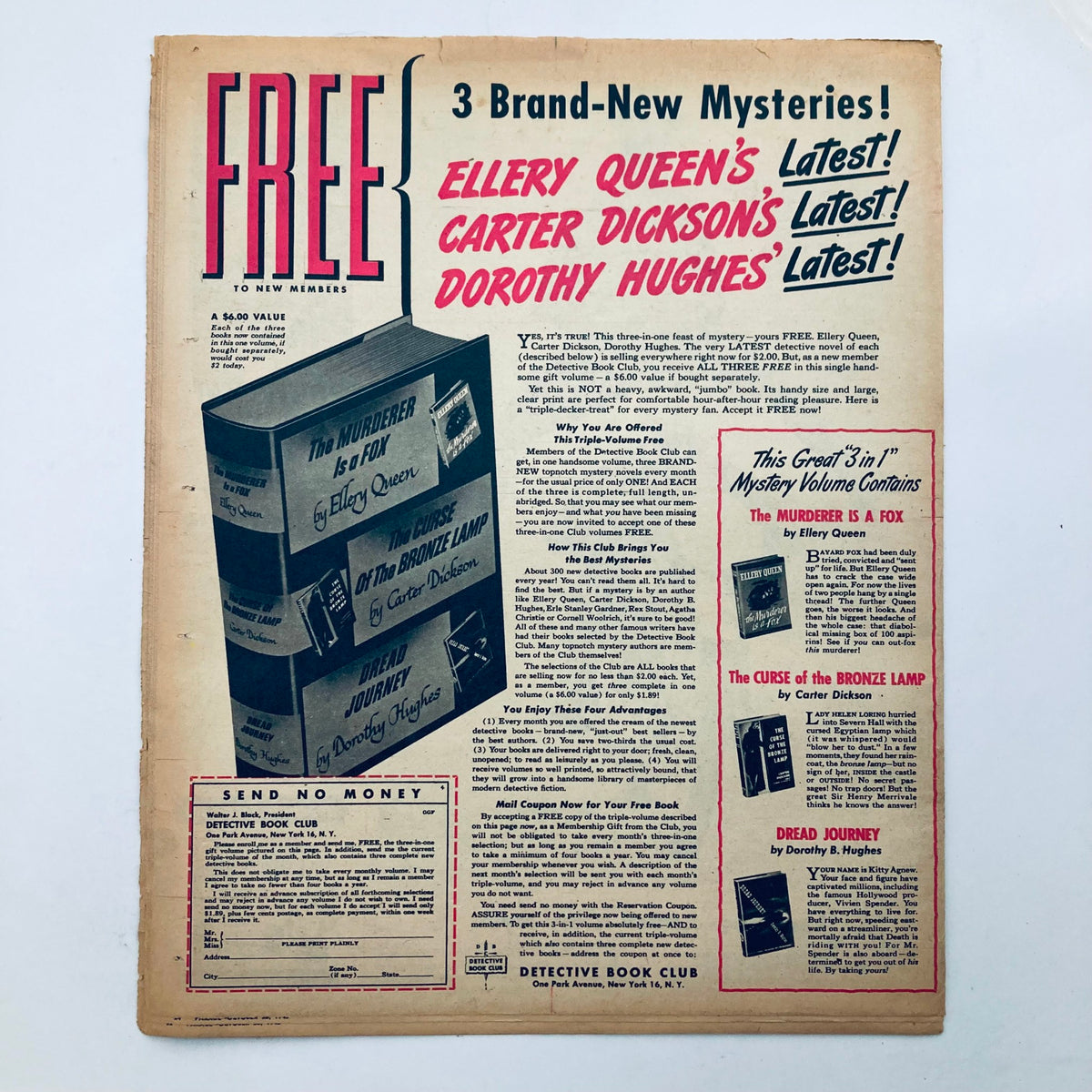 Back cover of the Parade Newspaper Magazine featuring an advertisement for a detective book club with a promotion for three mystery novels, dated October 28, 1945.