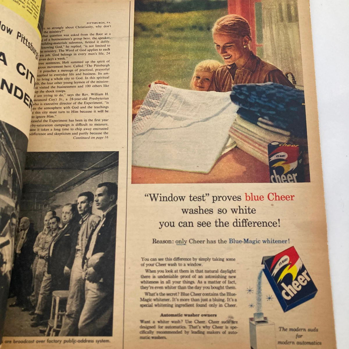Inside page of the Parade Newspaper Magazine April 8, 1956, showcasing an advertisement for blue Cheer laundry detergent with a mother and child.