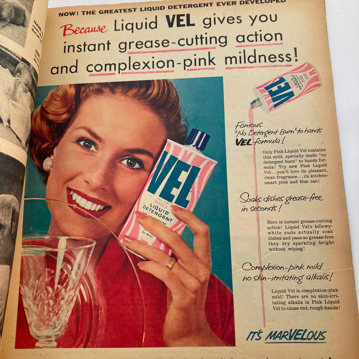 Inside page of the Parade Newspaper Magazine April 8, 1956, featuring an advertisement for Liquid Vel detergent with a smiling woman holding the product.