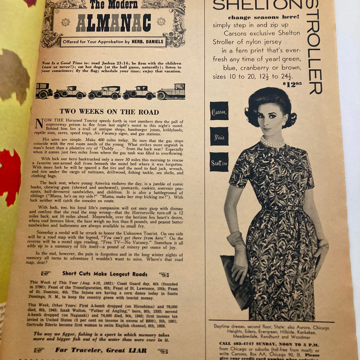 Interior page from VTG Chicago Tribune Magazine August 4 1963, featuring an article titled 'Two Weeks on the Road' with vintage advertisements and classic 1960s layout.