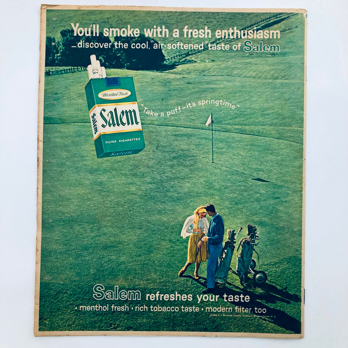 Advertisement page from VTG Chicago Tribune Magazine August 4 1963 promoting Salem cigarettes, displaying a golf scene with a couple enjoying their time outdoors.