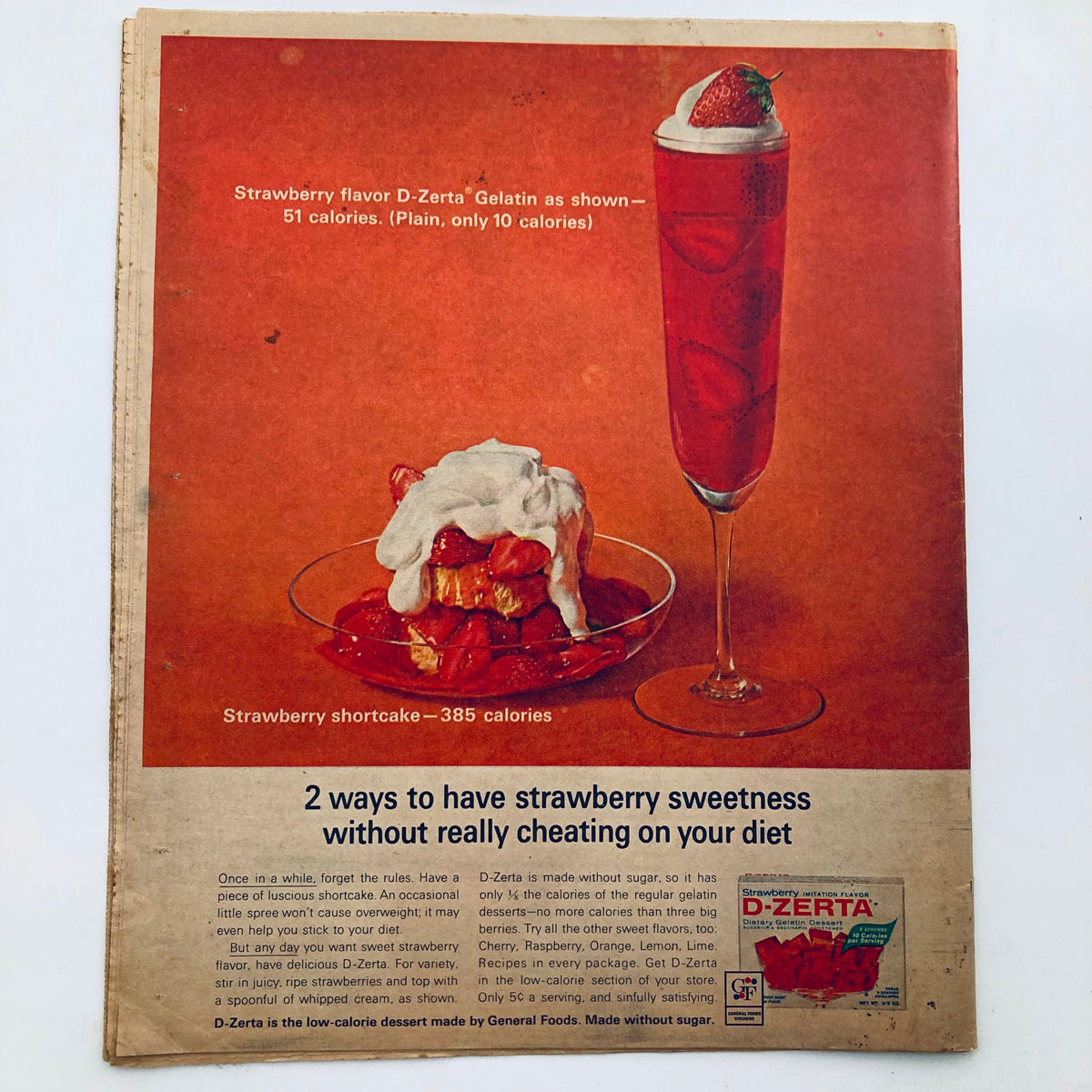 Page from the VTG Chicago Tribune Magazine June 21 1964 showcasing an advertisement for D-Zerta Gelatin, highlighting low-calorie dessert options with a visual of strawberry shortcake.