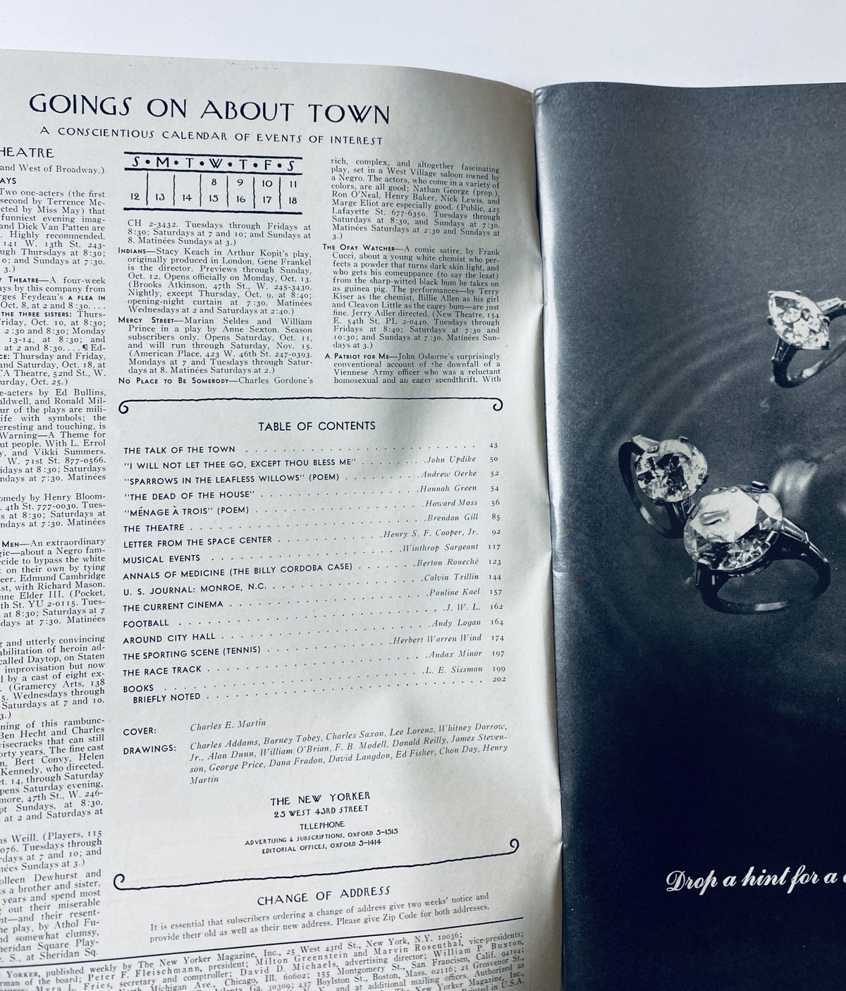 Inside spread of The New Yorker Magazine from October 11, 1969, displaying the Table of Contents with a list of featured articles. The page includes typewritten text alongside an elegant image of sparkling diamonds, emphasizing sophistication.