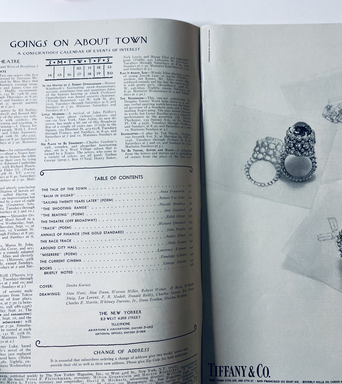 Inside page of The New Yorker Magazine September 13, 1969, displaying the table of contents with articles including 'The Talk of the Town' and 'Balm in Gilead', alongside an ad for Tiffany & Co.