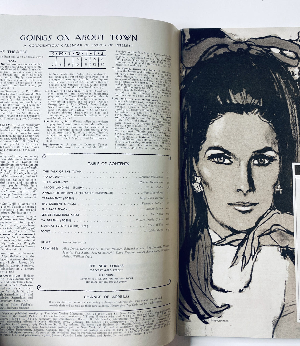 Interior spread of The New Yorker Magazine from September 6, 1969, displaying the Table of Contents alongside a portrait sketch of a woman, highlighting articles and illustrations within the issue.