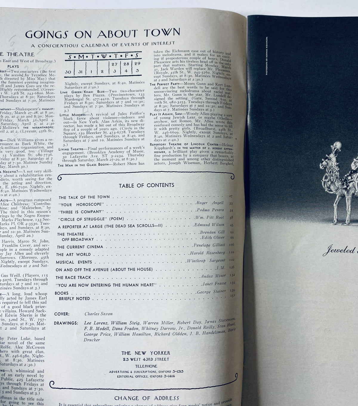Inside page of The New Yorker Magazine March 29, 1969 showcasing the Table of Contents and calendar of events. This page highlights feature articles and a list of scheduled events.
