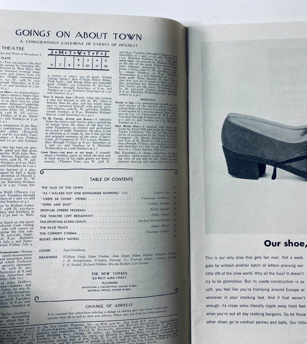 The New Yorker Magazine July 5, 1969 featuring the Table of Contents and calendar of events, highlighting various articles including 'The Talk of the Town' and profiles on Pierre Trudeau.