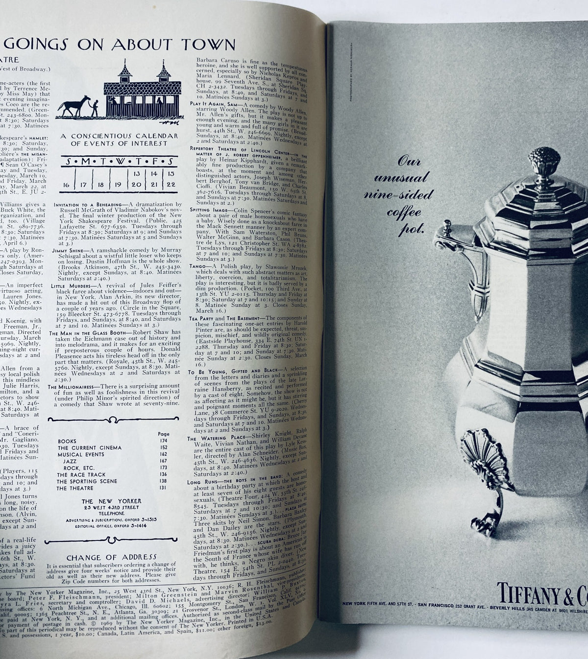 Inside view of The New Yorker Magazine March 15, 1969 showcasing a calendar of events in the 'Goings On About Town' section, with detailed listings.