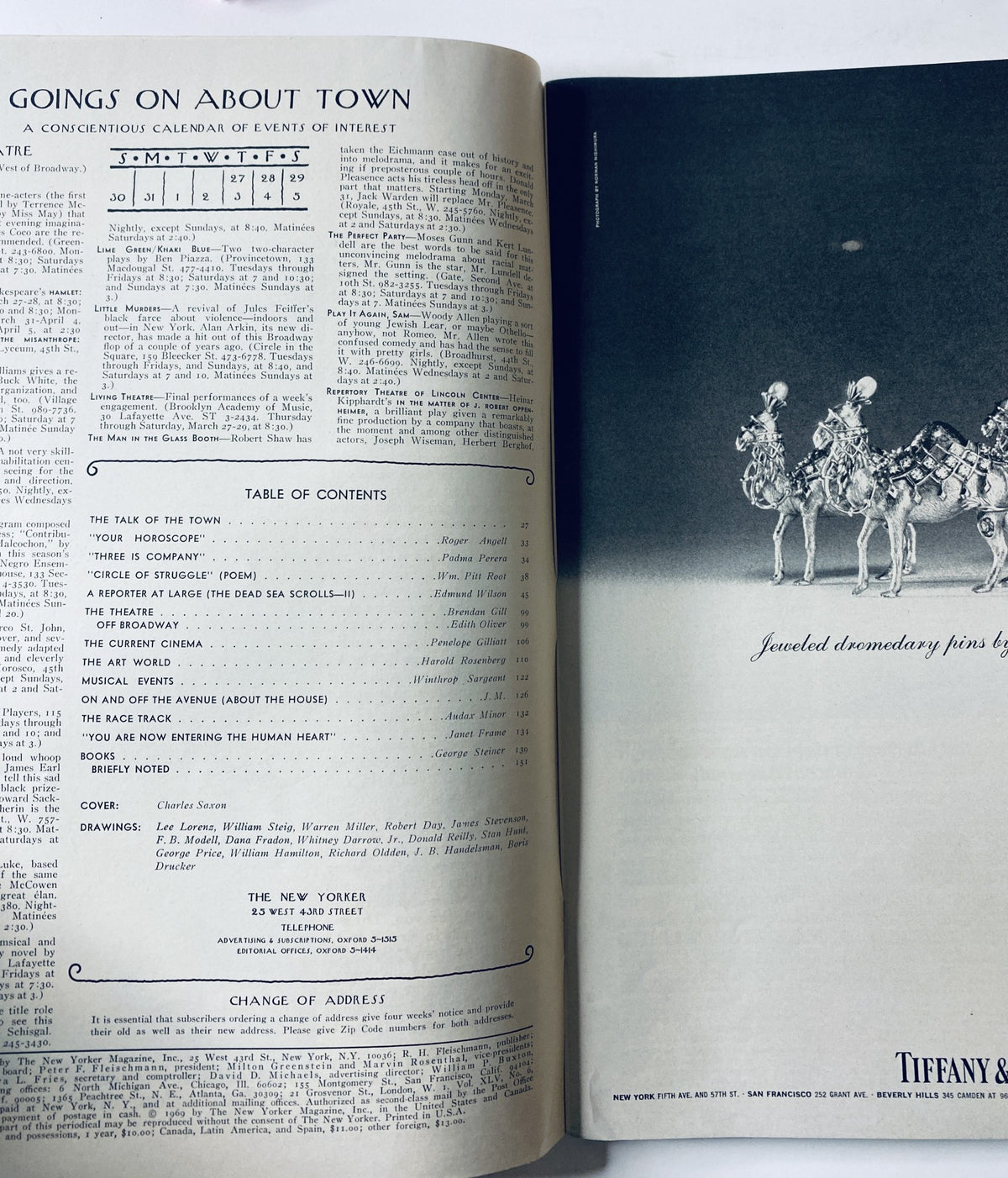 Inside page of The New Yorker Magazine March 29, 1969 showcasing the Table of Contents and advertising for Tiffany, illustrating event listings and editorial sections.