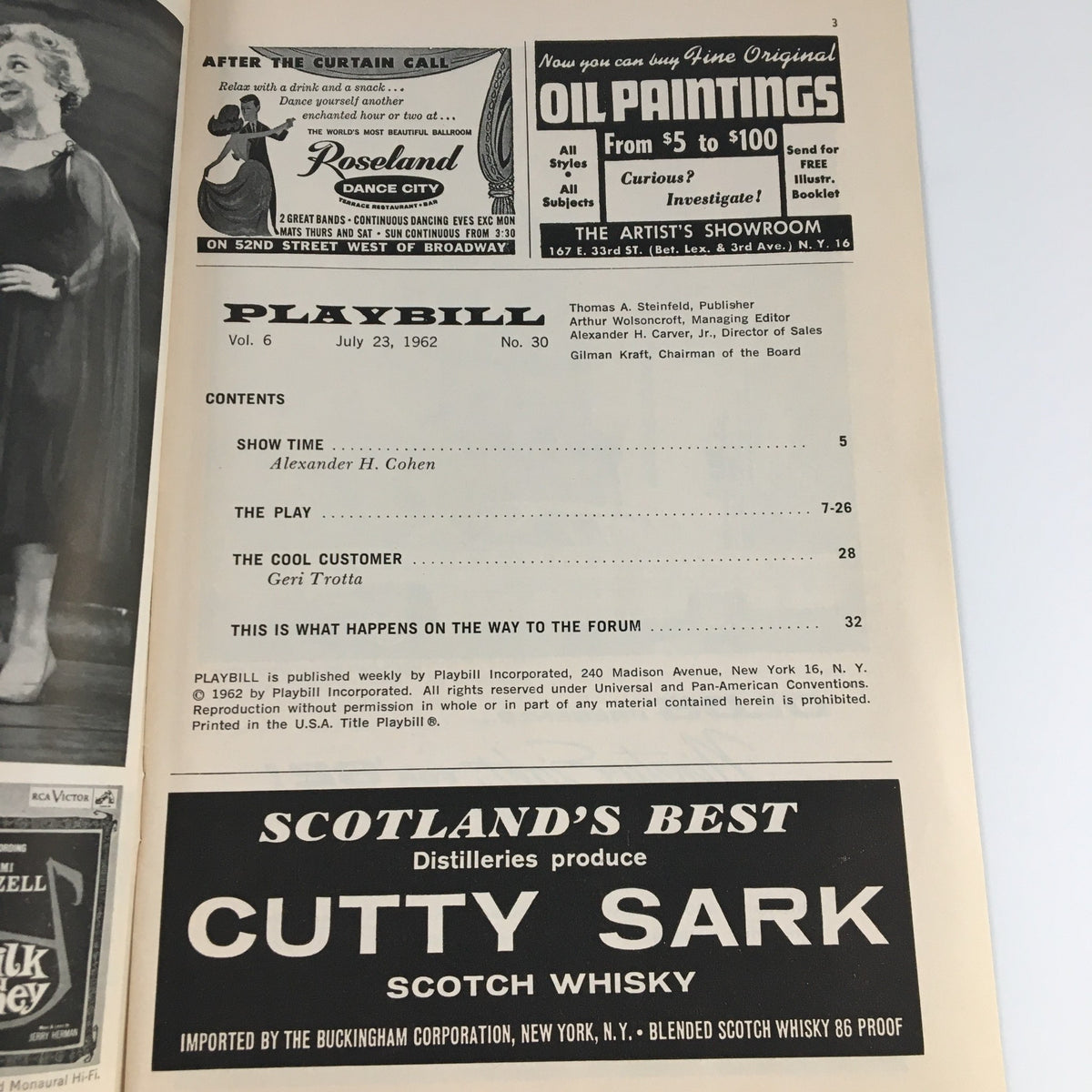 Interior page of the 1962 Playbill for 'A Shot in the Dark' with details about the show, including the program's contents and production information.