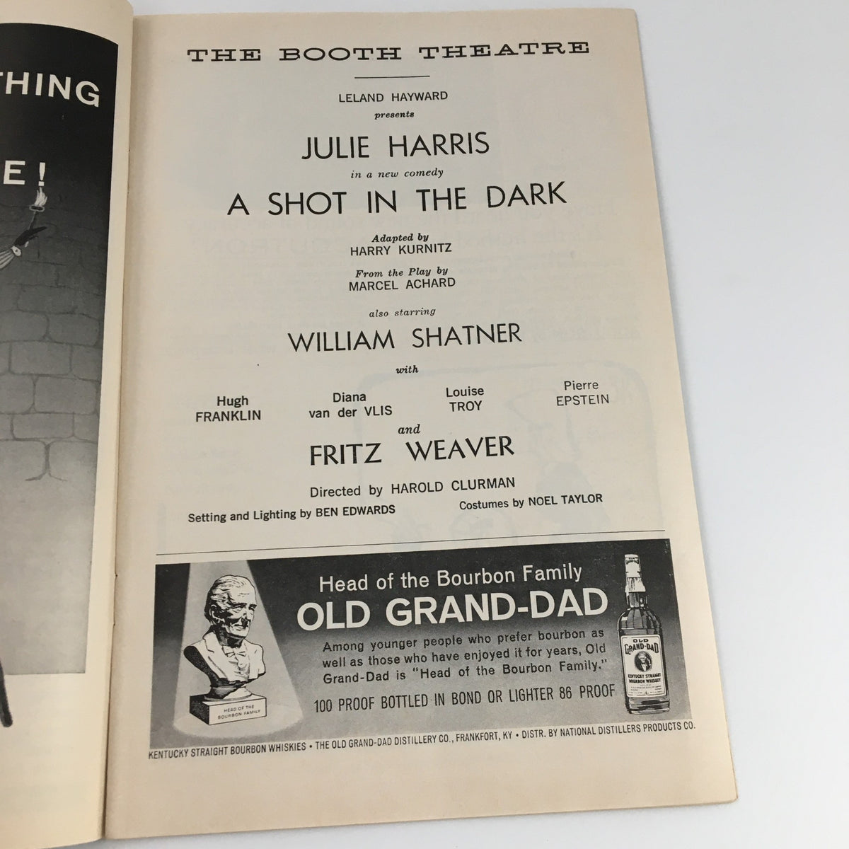 1962 Playbill for 'A Shot in the Dark' at The Booth Theatre featuring cast details of Julie Harris and Fritz Weaver.