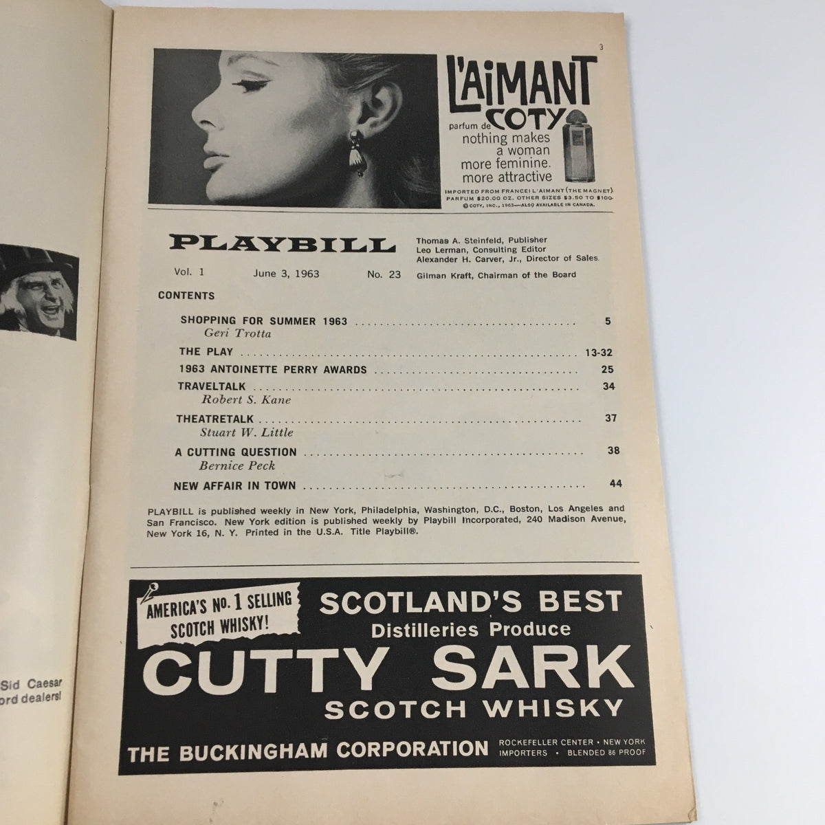 1963 Playbill interior page featuring content details, advertisements, and a prominent image of Sid Caesar in the Lunt-Fontanne Theatre production of 'Little Me'.