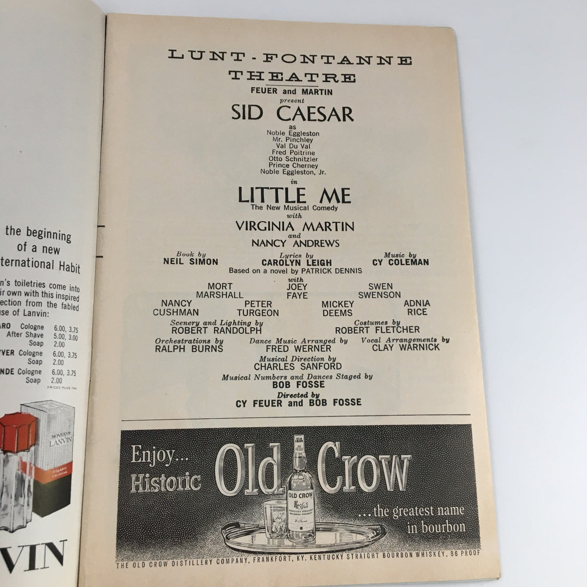 1963 Playbill for 'Little Me' at Lunt-Fontanne Theatre featuring Sid Caesar and Virginia Martin, showcasing cast and creative team details.