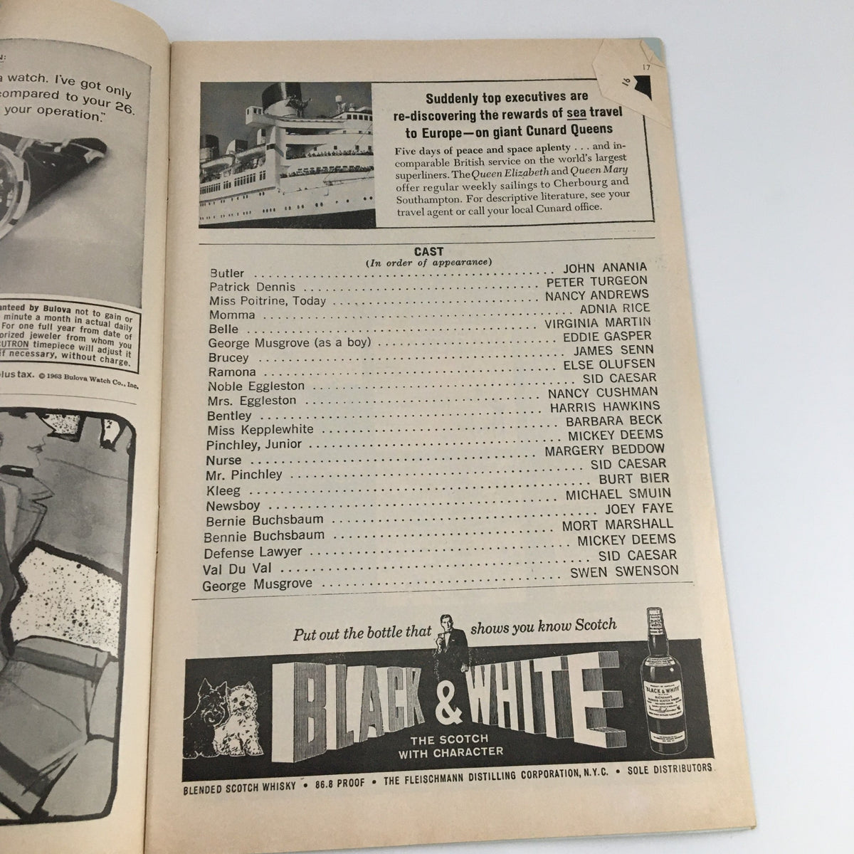 Inside page of the 1963 Playbill for 'Little Me' at Lunt-Fontanne Theatre, displaying the cast list and additional production information.