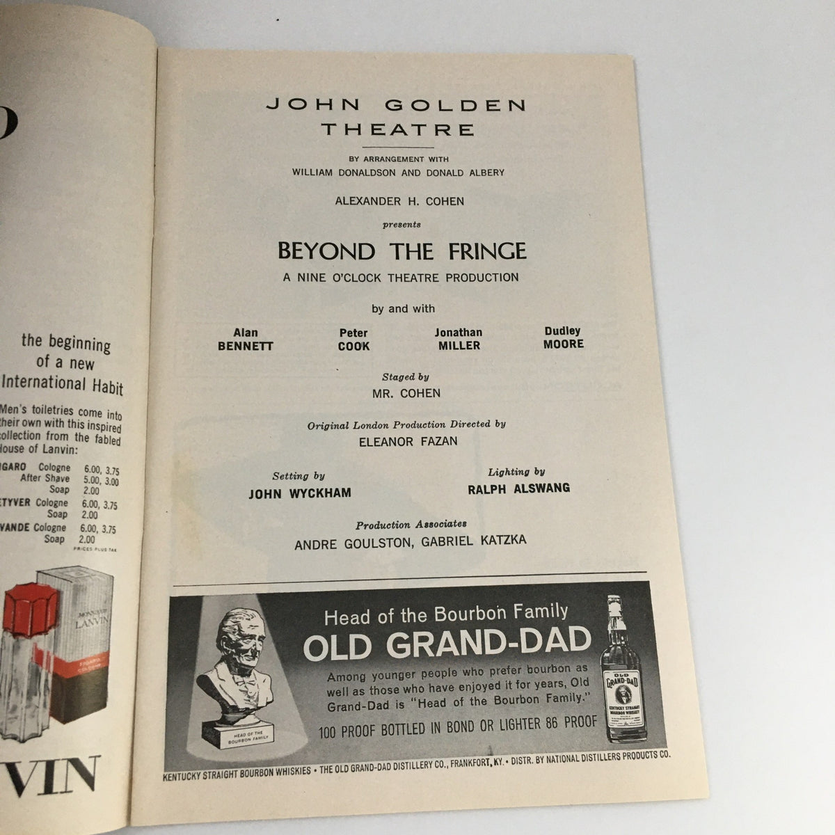 1963 Playbill for Beyond the Fringe at John Golden Theatre showcasing performances by Alan Bennett and Peter Cook, featuring production details and a vintage advertisement for Old Grand-Dad bourbon.