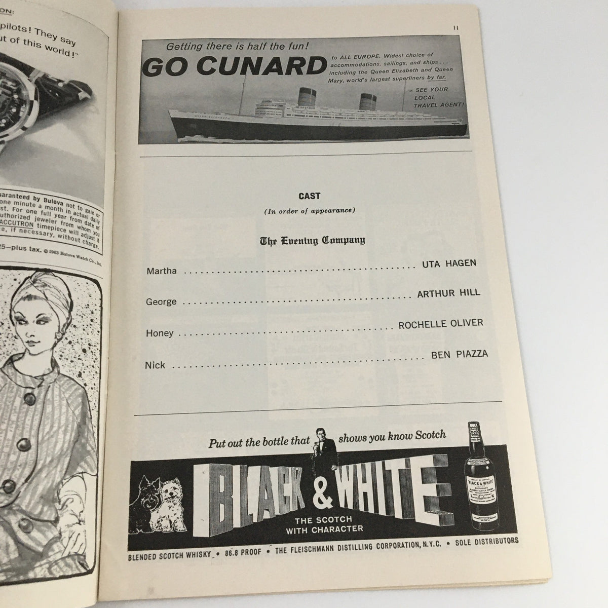 Inside page of the 1963 Playbill for 'Who's Afraid of Virginia Woolf?' showcasing the cast members Uta Hagen, Arthur Hill, and Ben Piazza along with a Cunard advertisement.