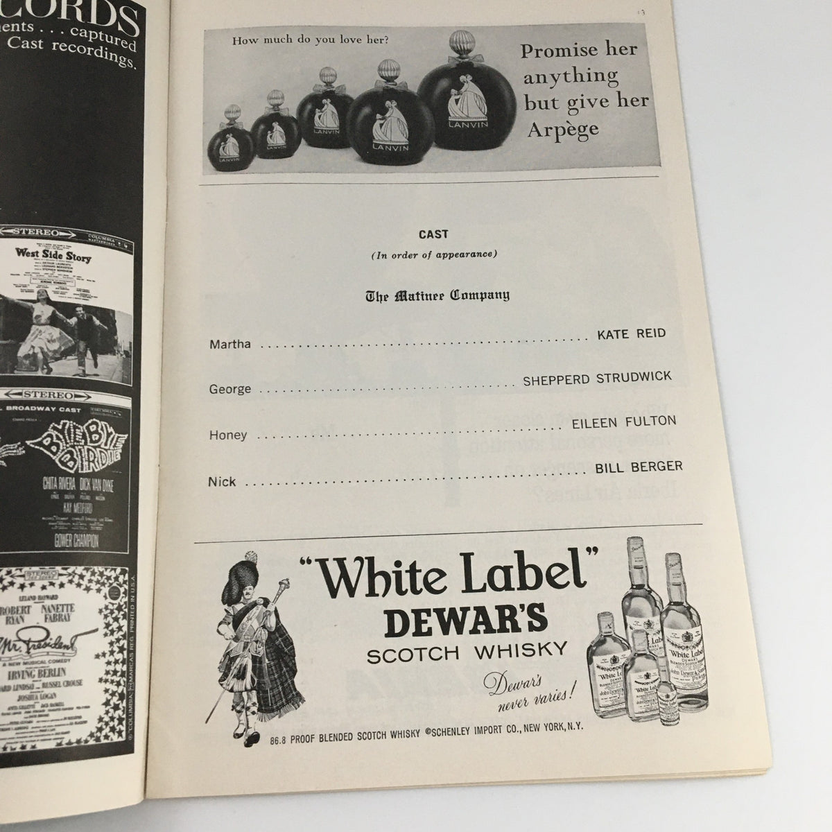 Another page from the 1963 Playbill for 'Who's Afraid of Virginia Woolf?' highlighting Kate Reid, Shepperd Strudwick, and Eileen Fulton, accompanied by a Dewar's Scotch advertisement.