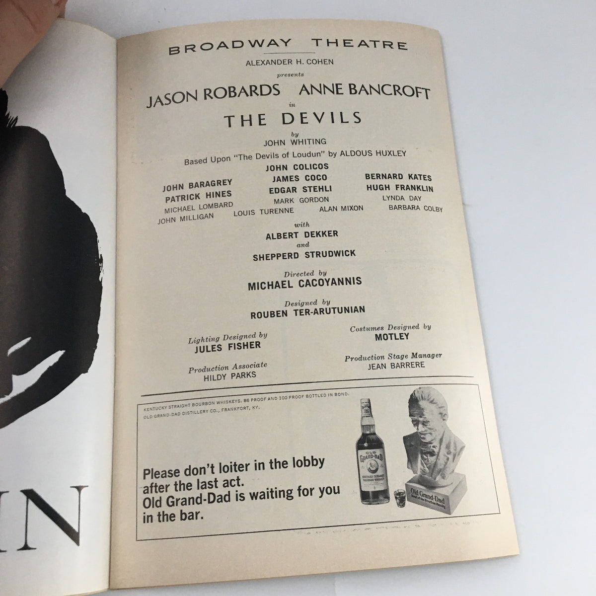 1965 Playbill The Broadway Theatre 'The Devils' highlighting the cast, including Jason Robards and Anne Bancroft, along with production details.
