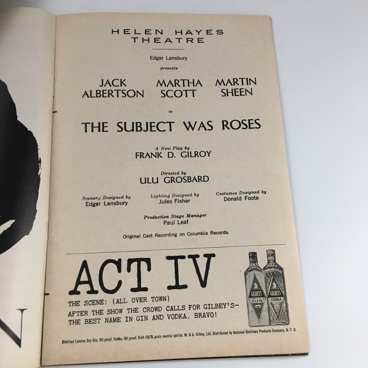 Back page of the 1965 Playbill for The Subject Was Roses, listing cast and production details at the Helen Hayes Theatre.