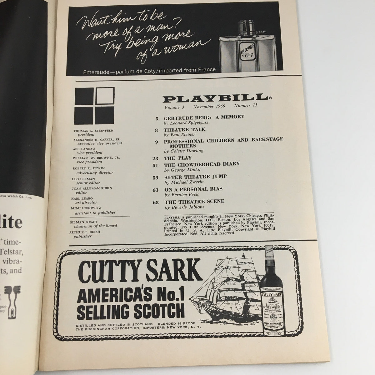 Interior page of the 1966 Playbill for 'The Investigation', showcasing the table of contents, advertisements, and production details.