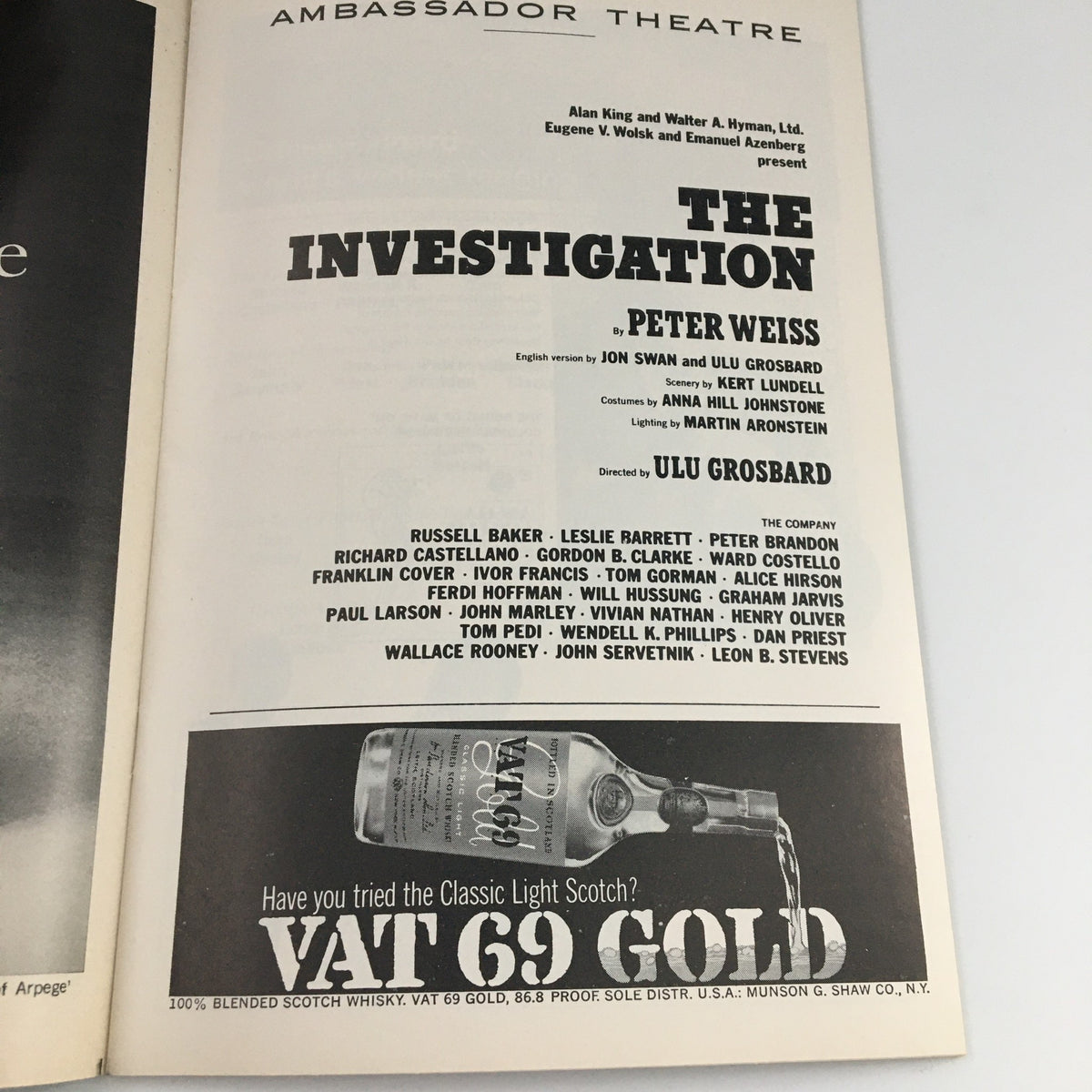 Another interior page from the 1966 Playbill for 'The Investigation', highlighting the cast and crew credits along with theatrical advertisements.