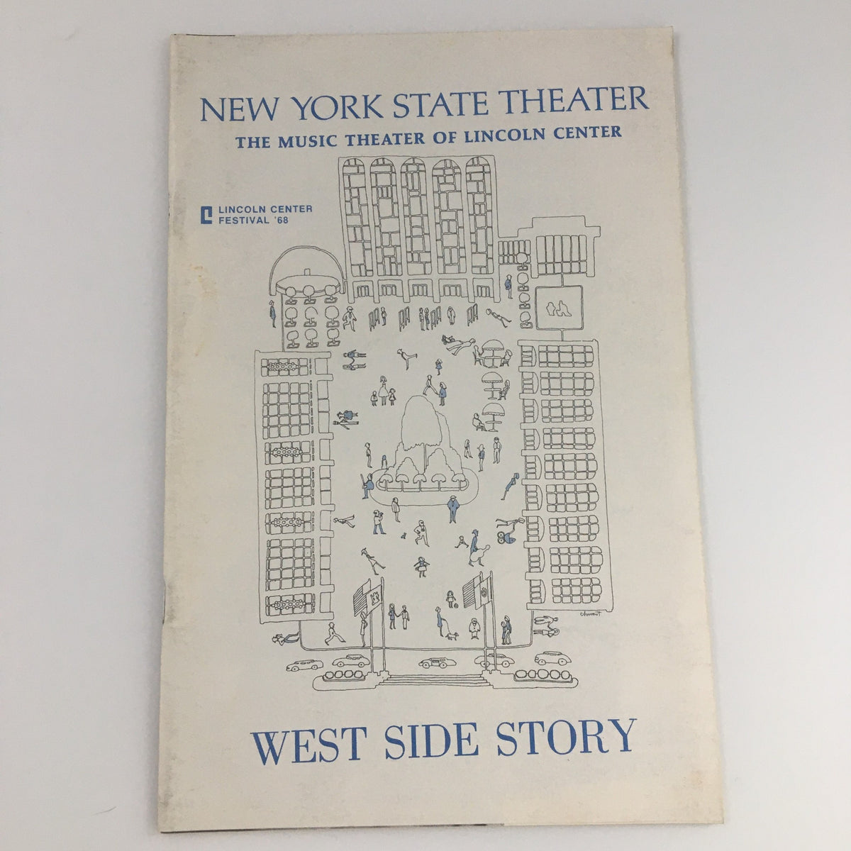 1968 New York State Theater 'West Side Story' program cover featuring a detailed illustration of the Lincoln Center.
