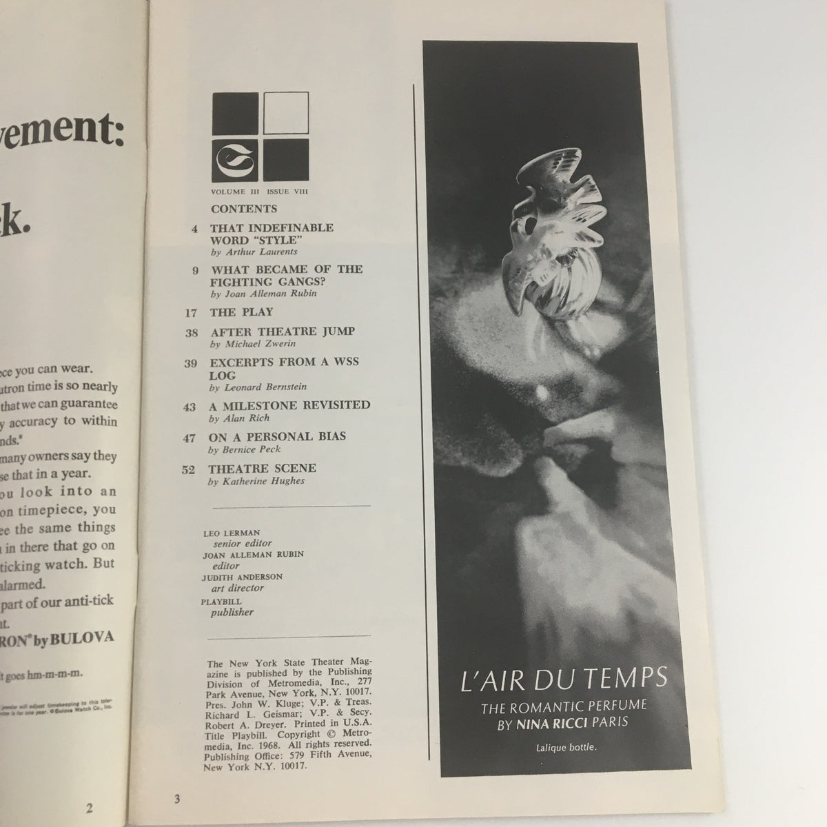 Interior page of the 1968 New York State Theater 'West Side Story' program, showcasing magazine contents including 'what indefinable word style'.