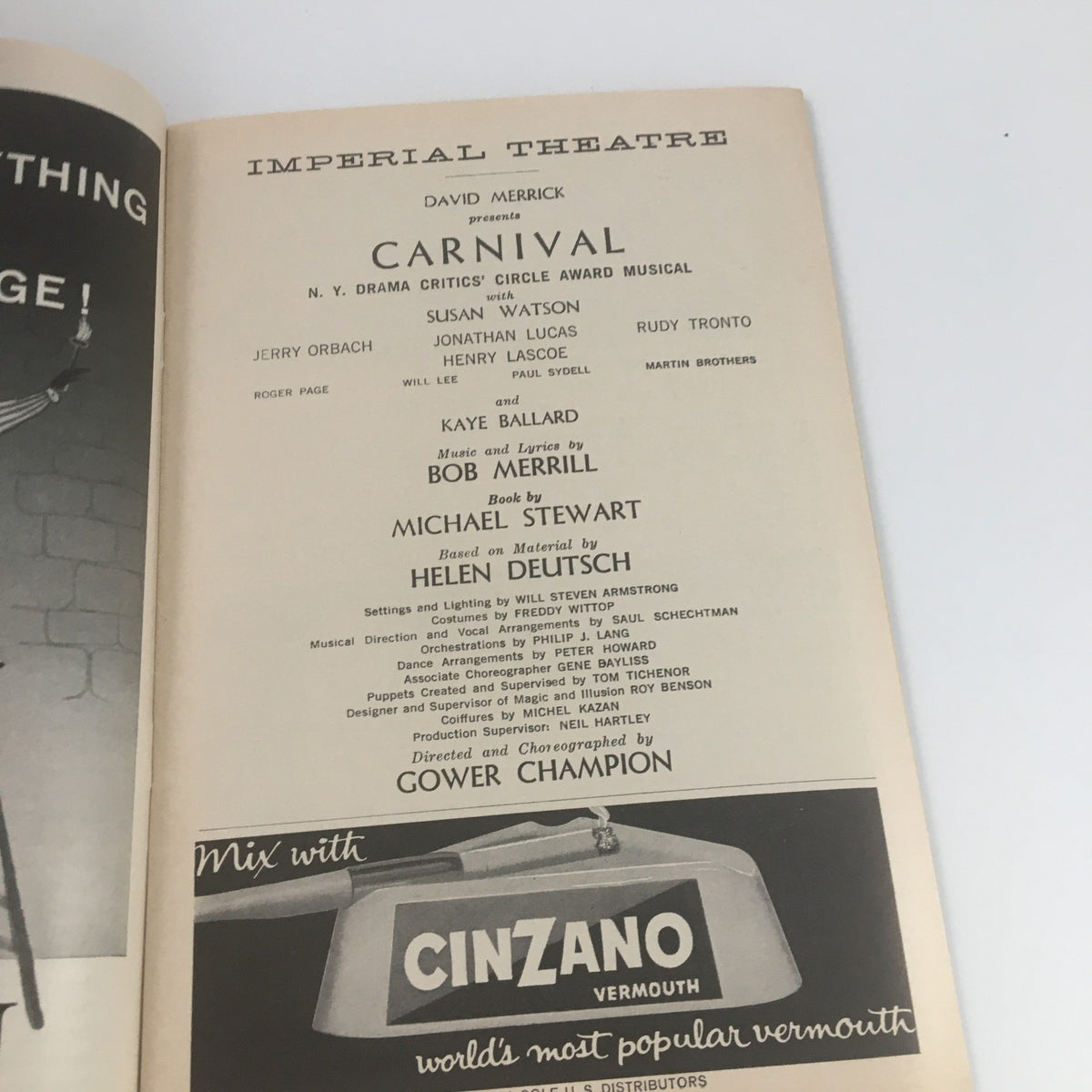 Production credits page from the 1962 Playbill for 'Carnival' at the Imperial Theatre, highlighting cast members including Susan Watson and Jerry Orbach.