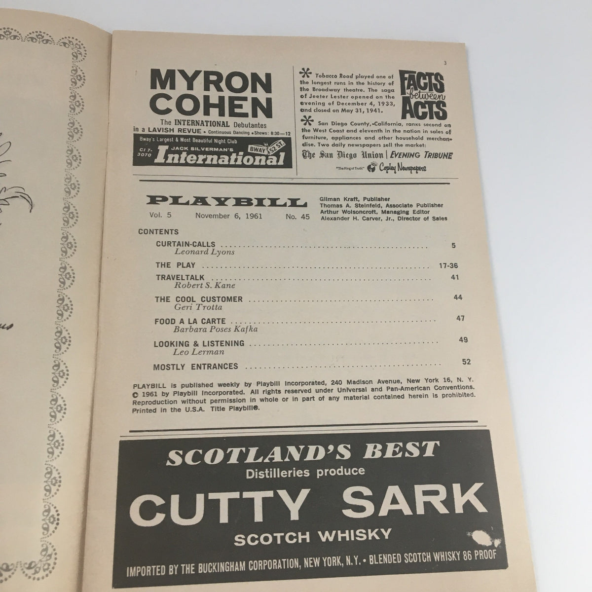 Contents page of the 1961 Playbill for New York City Opera including Myron Cohen and show details for 'La Boheme' performance.