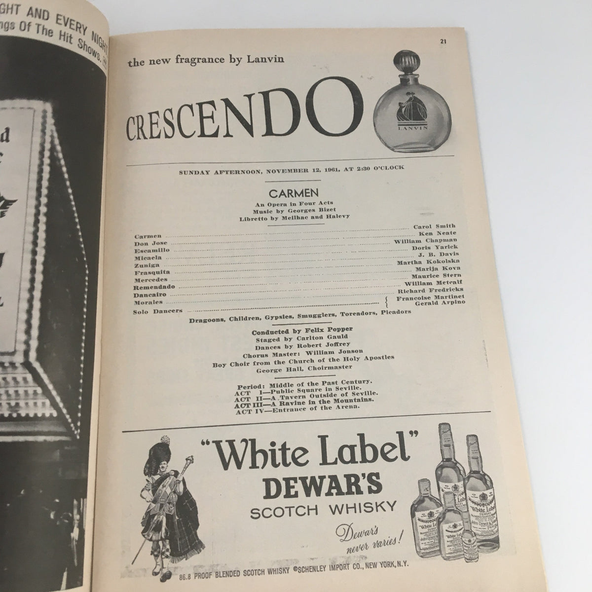 Page of the 1961 Playbill featuring advertisement for the fragrance Crescendo and details about a performance of Carmen.