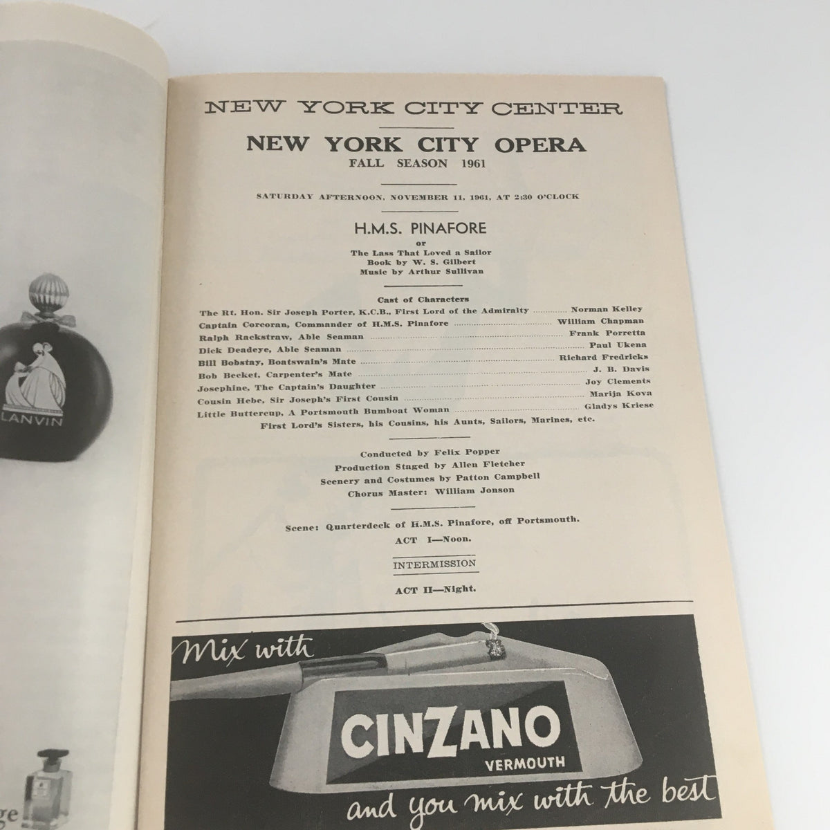 Interior page from the 1961 Playbill for New York City Opera's 'La Boheme', featuring the program details and cast list.