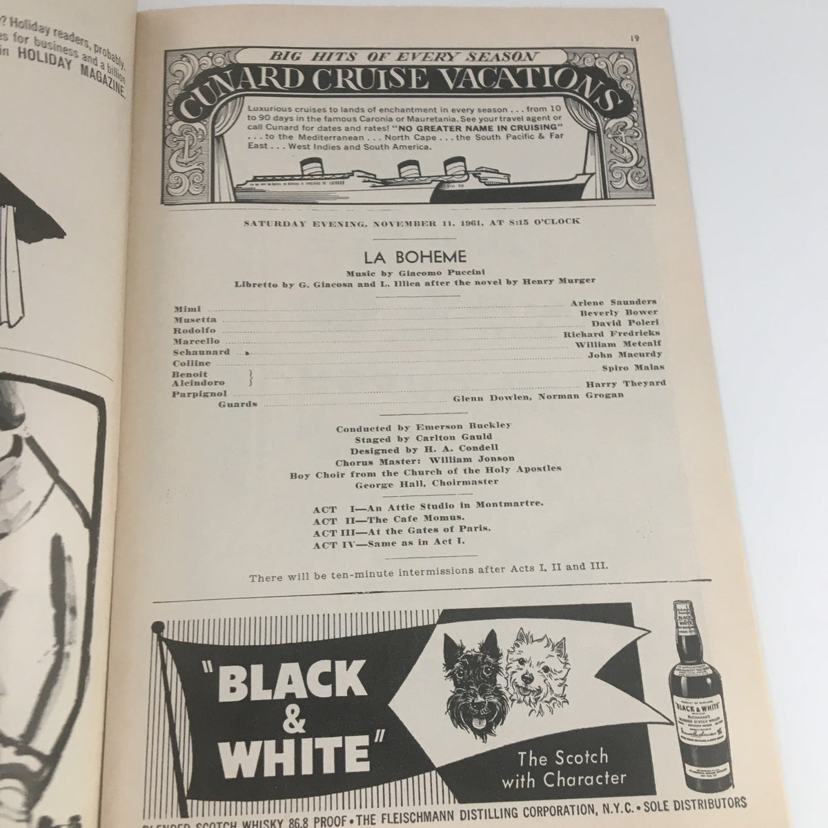 Another interior page from the 1961 Playbill for New York City Opera's 'La Boheme', showcasing the performance details and advertising.